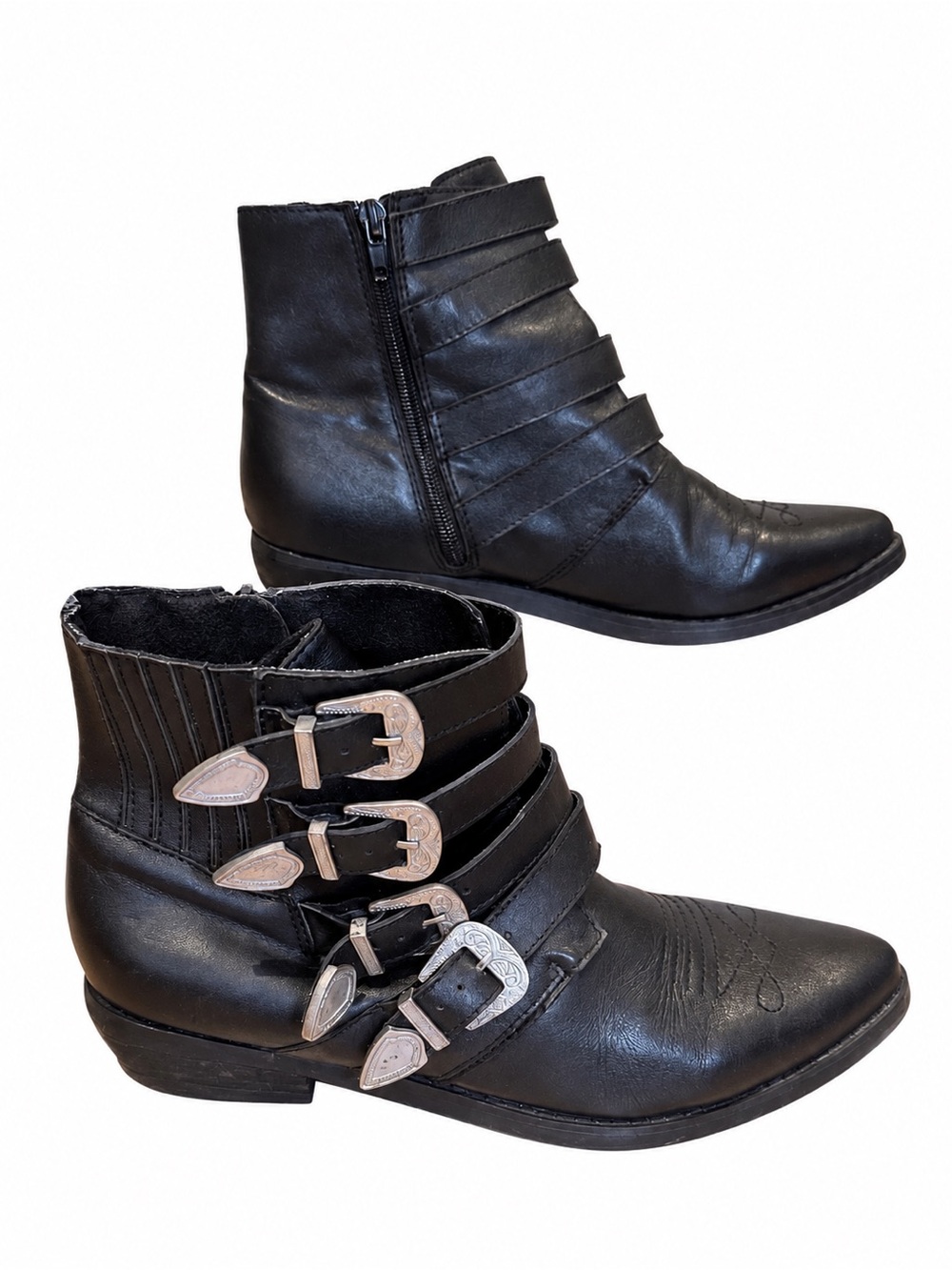 Kelsi Dagger Black 4 Buckle Western Ankle Boots Silver Hardware 8.5